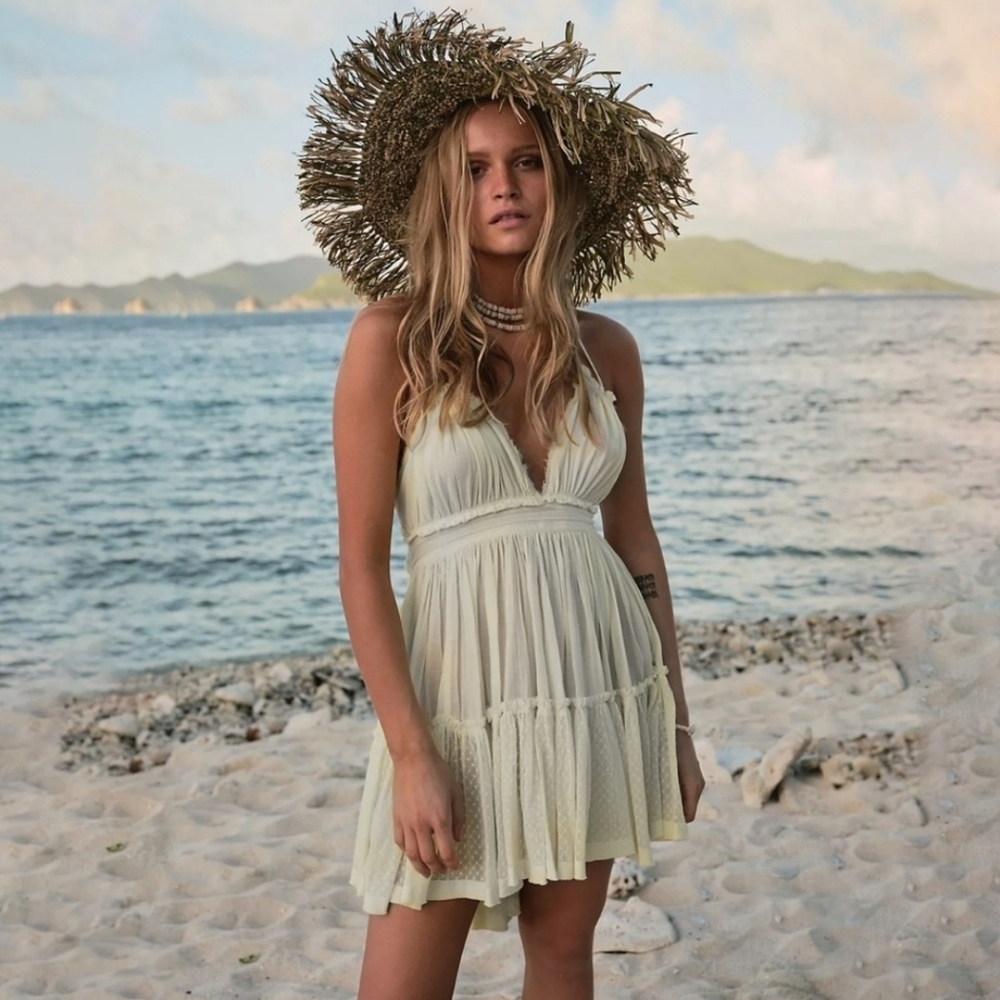 NEW Bohemian Halter Tie Mini Dress Ivory Cream